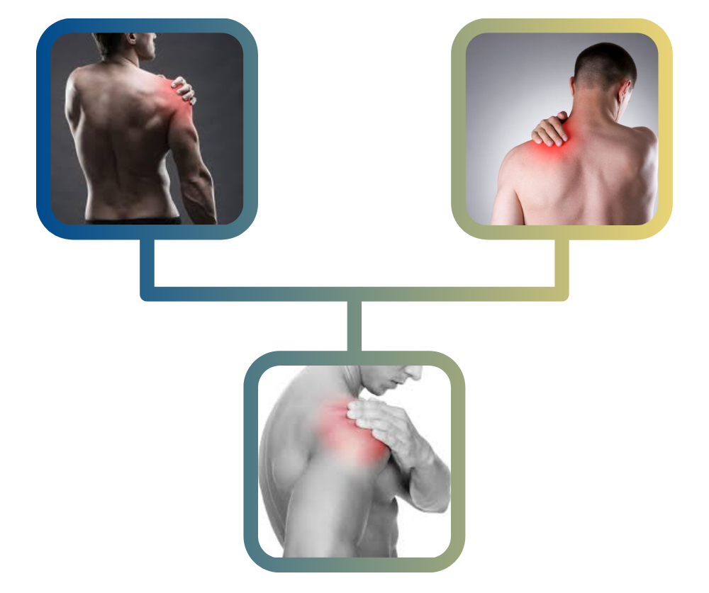 Images of men experiencing shoulder pain, highlighting common symptoms associated with shoulder injuries and conditions, relevant to joint pain management.