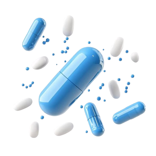 Blue and white capsules and pills levitating midair, representing medication and pain management solutions for healthcare and wellness.