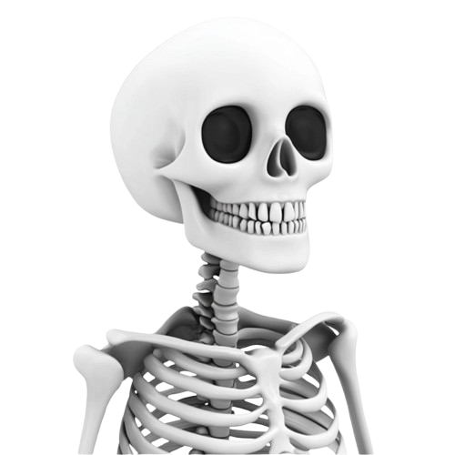 Cute cartoon skeleton with black eyes, representing a light-hearted approach to discussing pain management and neuropathy at the Cleveland Pain Relief Center.