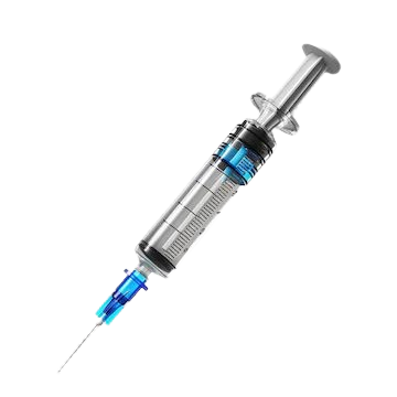 Syringe with blue and silver design, representing trigger point injections for pain management at Cleveland Pain Relief Center.
