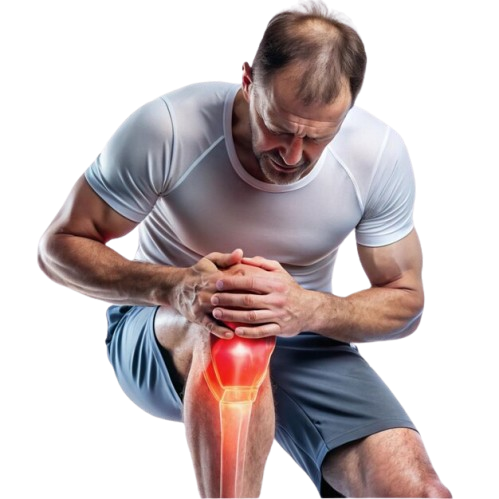 Man experiencing knee pain, holding his knee with a highlighted joint area, illustrating joint pain management related to knee issues.