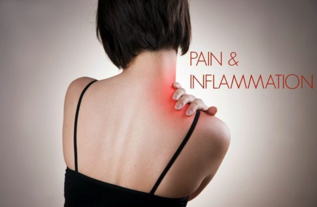 Woman with short hair showing shoulder pain and inflammation, with text overlay "PAIN & INFLAMMATION," relevant to pain management treatments at Cleveland Pain Relief Center.